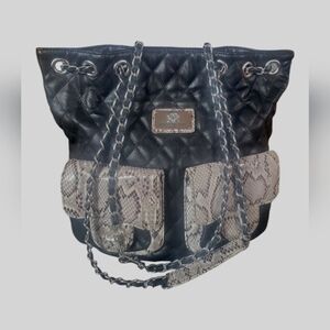 Original by Sharif Leather Design Black Quilted Snake Embossed Pocket 3 Way Bag